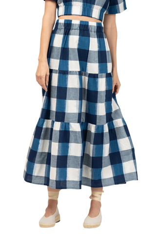 Beau & Ro Abby Skirt, Navy Check Ikat