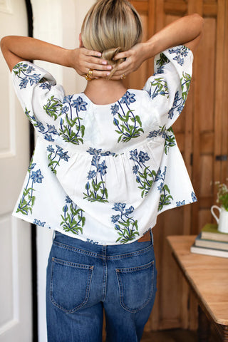 TS EF Love Tomas Puff Isla Top, Blue Clematis Flowers + Midnight Embroidery