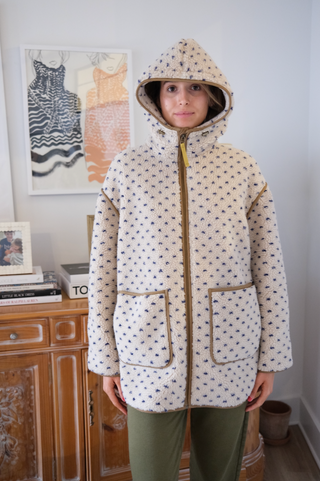 Marea Hooded Sherpa Jacket, Ivory Blue Birdseye