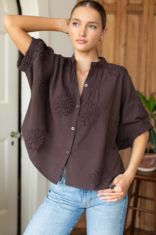 Love Tomas Mandarin Collar Top, French Knot Floral Vintage Chestnut