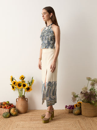 Boteh Arcadia Paisley Maxi Skirt w Split, Lazuli
