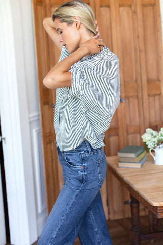 TS Love Tomas Mandarin Collar Top, Moss Stripe Organic