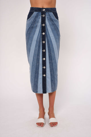 Love the Label Apolline Midi Skirt, Paneled Denim
