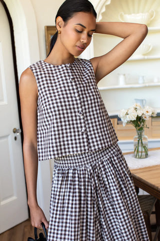 Love Tomas Button Front Wide Hem Top, Cocoa Gingham