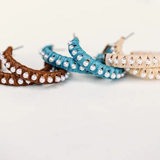 Pearl Studded Raffia Statement Hoop Earrings, Natural