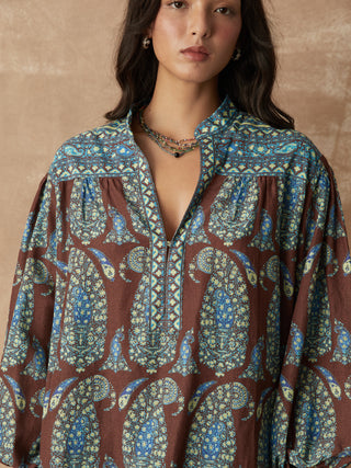 BOTEH Calico Yoke Smock Blouse, Cocoa