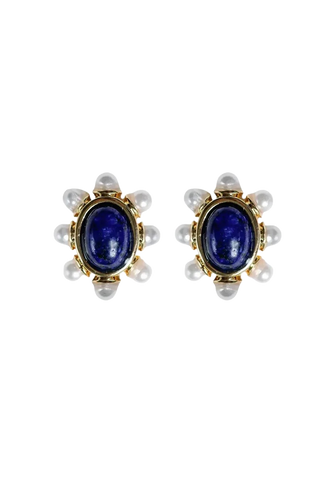 Pearl Oval Studs, Blue Lapis