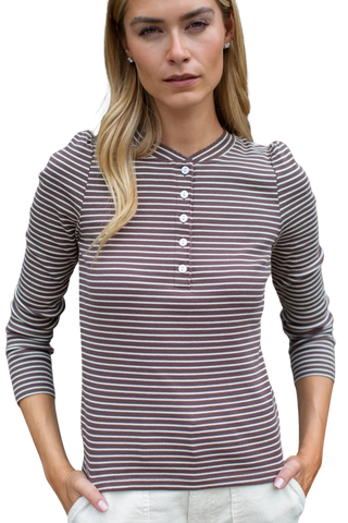 Marea Puff Sleeve Henley, Chocolate Ivory Stripe