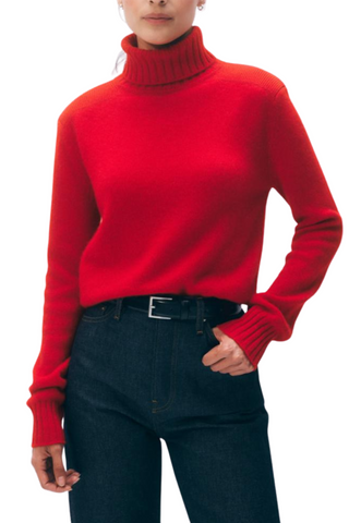 White & Warren Cashmere Ribbed Trim Turtleneck, Lacquered Red Lare