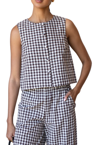 Love Tomas Button Front Wide Hem Top, Cocoa Gingham