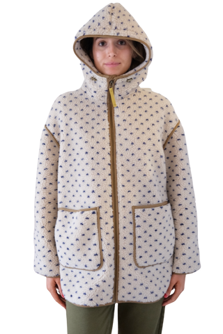 Marea Hooded Sherpa Jacket, Ivory Blue Birdseye