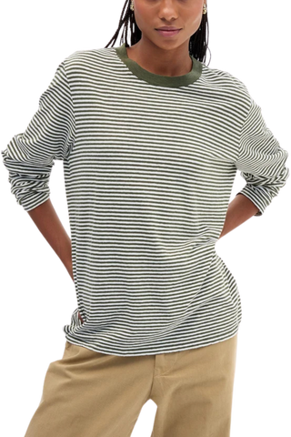 Clare V. Long Sleeve Tee, Army Cream Mini Stripe