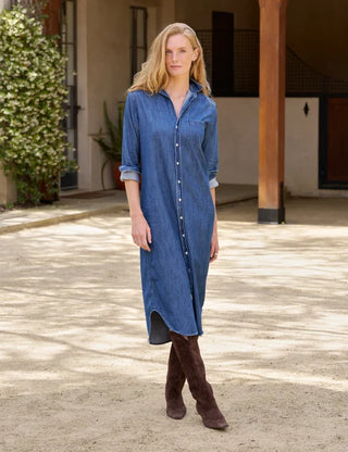 Frank & Eileen Maxi Shirtdress, Distressed Indigo Washed Denim