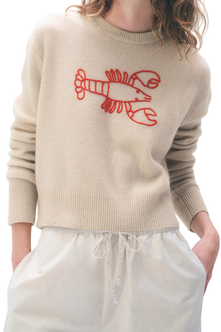 White & Warren Cashmere Embroidered Lobster Crewneck, Natural Heather Red