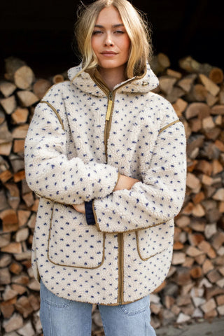 Marea Hooded Sherpa Jacket, Ivory Blue Birdseye
