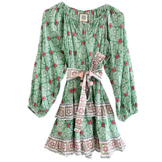Bell Gwenyth Mini Dress w/ Belt, Green with Pink Flower