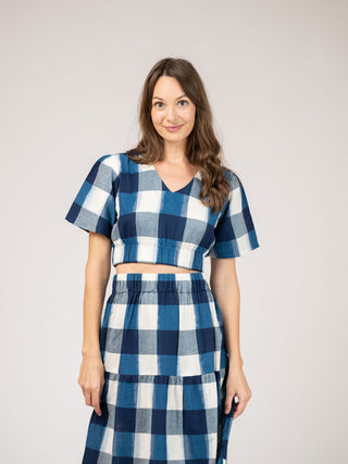 Beau & Ro Abby Top, Navy Check Ikat