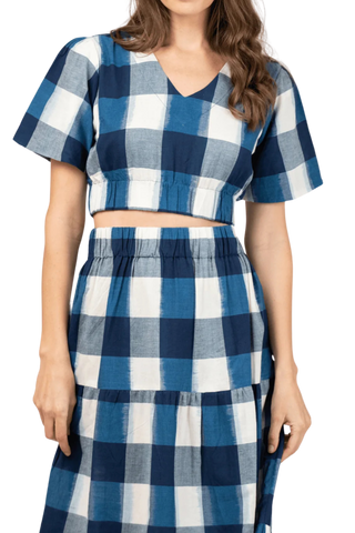 Beau & Ro Abby Top, Navy Check Ikat