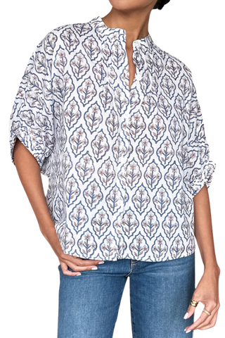 Love Tomas Mandarin Collar Top, Blue Portrait Floral