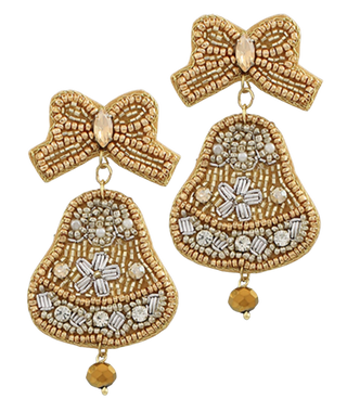 Beaded Bow & Bell Earrings, Gold