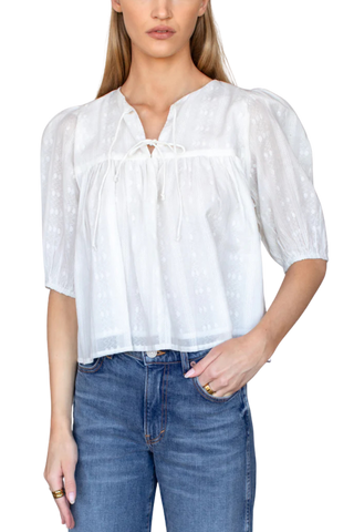Love Tomas Puff Isla Top, White Cotton Dobby Jaquard