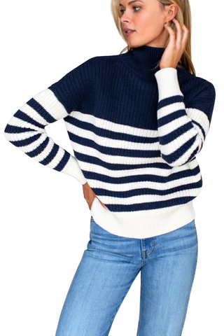 Emerson Fry Carolyn Funnel Neck Sweater, Navy Colorblock Stripe Organic