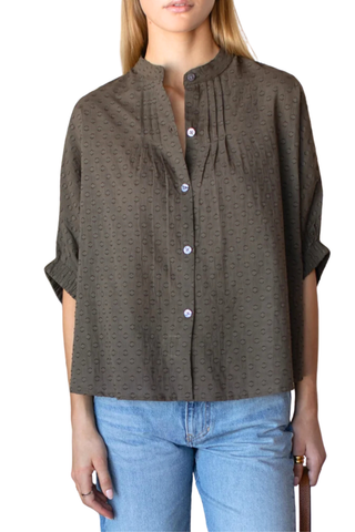 Love Tomas Mandarin Collar Top, Olive Grove Swiss Dots Organic