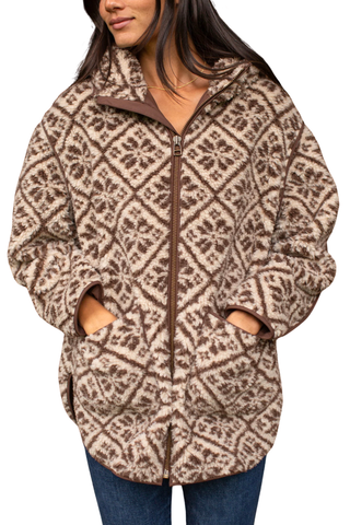 Marea Hooded Sherpa Jacket, Chocolate Jacquard