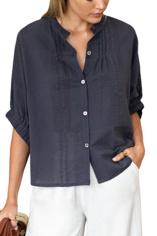 Love Tomas Mandarin Collar Top, Midnight Seersucker