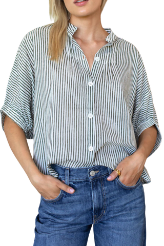 TS Love Tomas Mandarin Collar Top, Moss Stripe Organic