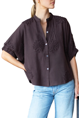 Love Tomas Mandarin Collar Top, French Knot Floral Vintage Chestnut
