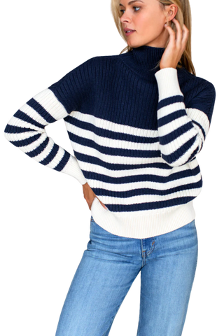 Emerson Fry Carolyn Funnel Neck Sweater, Navy Colorblock Stripe Organic