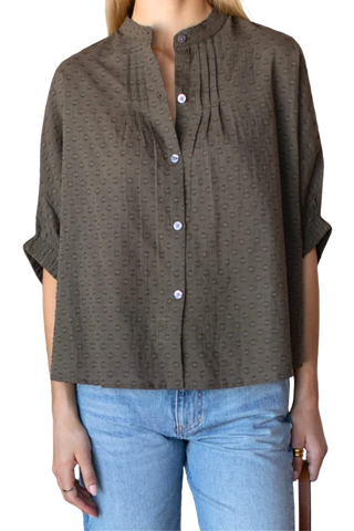 Love Tomas Mandarin Collar Top, Olive Grove Swiss Dots Organic
