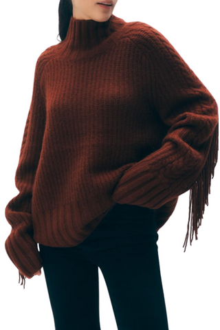 White & Warren Cashmere Luxe Fringe Turtleneck, Dark Cognac