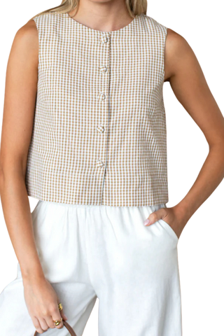 Love Tomas Button Front Wide Hem Top, Cafe Check