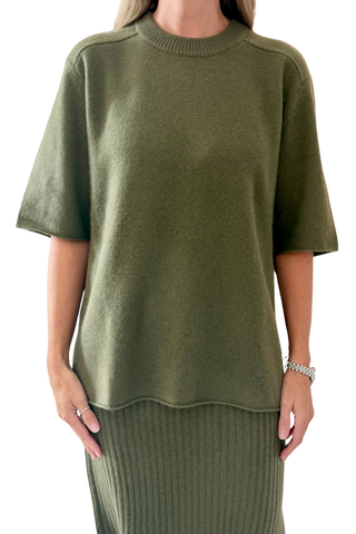 White & Warren Cashmere Oversized Tee, Deep Olive