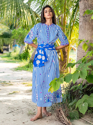 Nimo With Love Cassia Dress, Stripe Peacock Embroidery