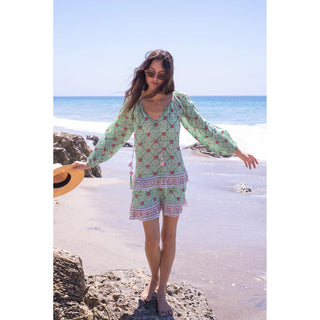 Bell Gwenyth Mini Dress w/ Belt, Green with Pink Flower