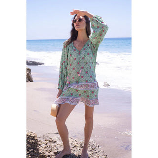 Bell Gwenyth Mini Dress w/ Belt, Green with Pink Flower