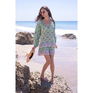 Bell Gwenyth Mini Dress w/ Belt, Green with Pink Flower
