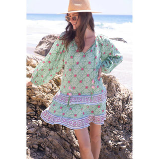 Bell Gwenyth Mini Dress w/ Belt, Green with Pink Flower