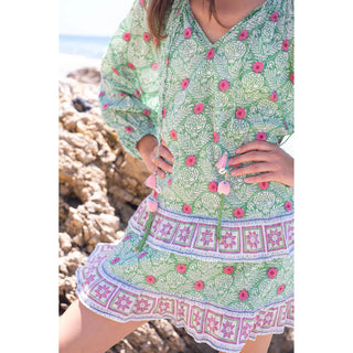 Bell Gwenyth Mini Dress w/ Belt, Green with Pink Flower