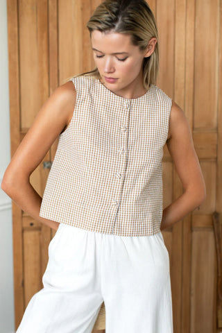 Love Tomas Button Front Wide Hem Top, Cafe Check