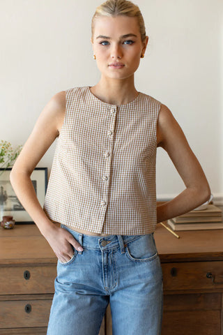 TS Love Tomas Button Front Wide Hem Top, Cafe Check
