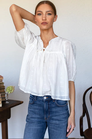 Love Tomas Puff Isla Top, White Cotton Dobby Jaquard