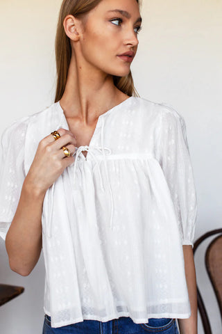 TS EF Love Tomas Puff Isla Top, White Cotton Dobby Jaquard