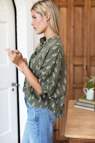 Love Tomas by EF Mandarin Collar Top, Marguerite 2 Gothic Olive