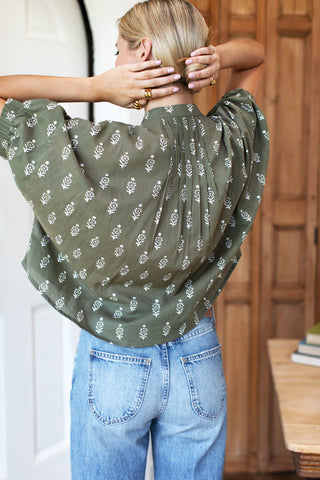 Love Tomas by EF Mandarin Collar Top, Marguerite 2 Gothic Olive