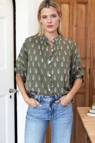 Love Tomas by EF Mandarin Collar Top, Marguerite 2 Gothic Olive
