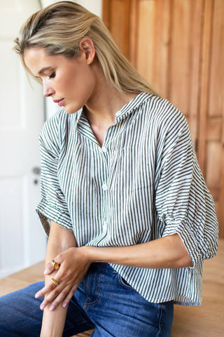 Love Tomas by EF Mandarin Collar Top, Moss Stripe Organic